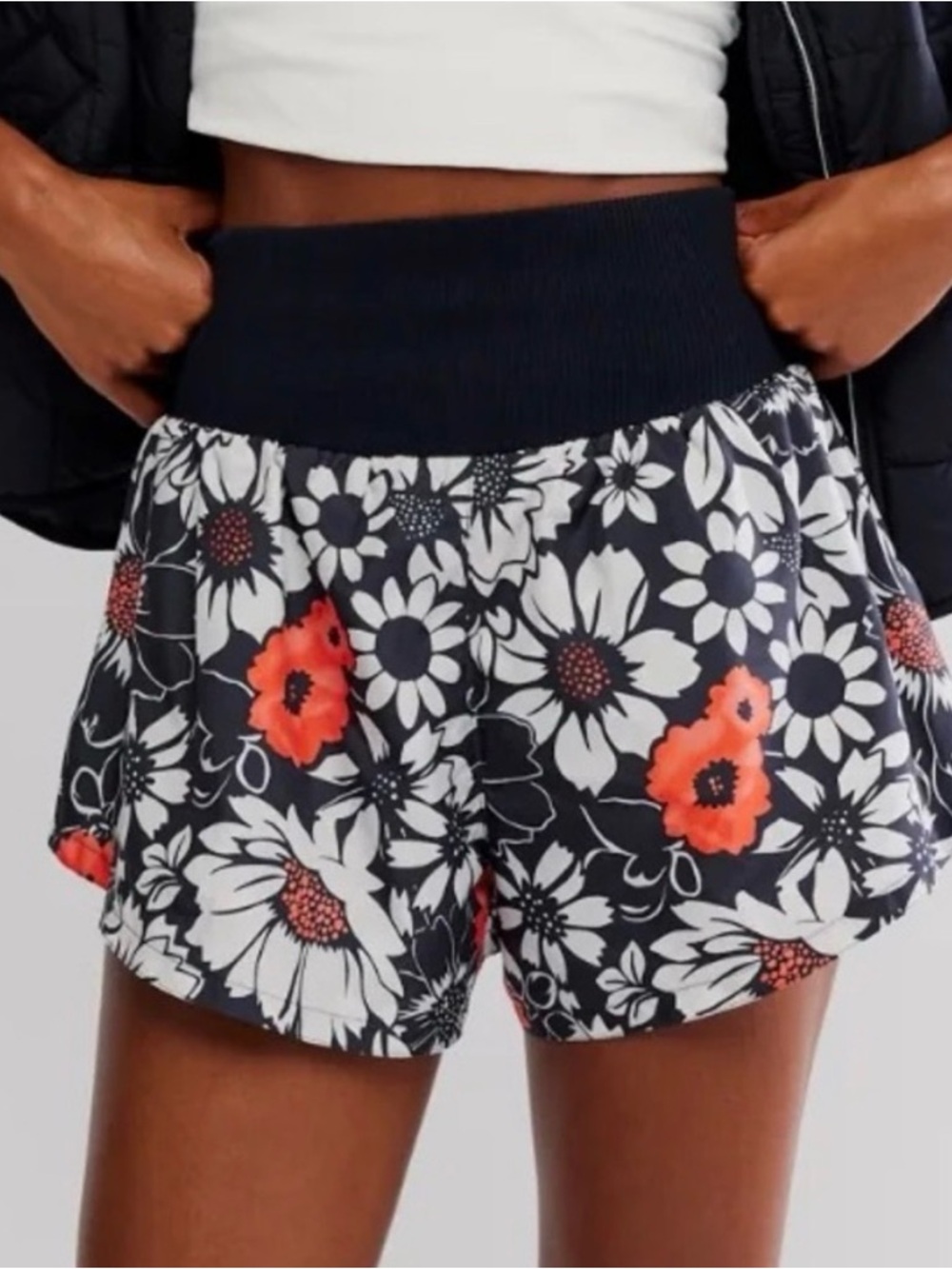 FP Movement by Free People Black & White Floral Shorts with Coral Accents